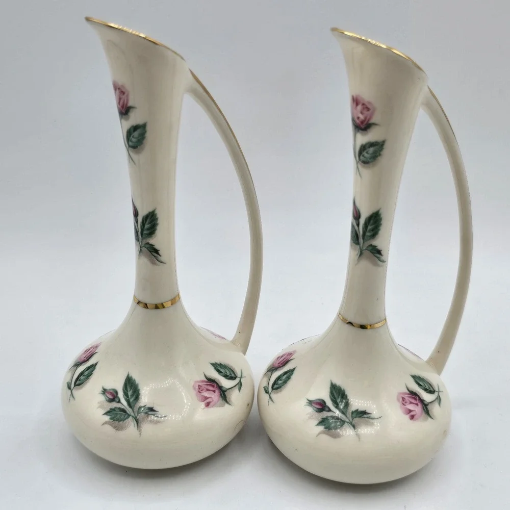 2 Vintage Kaolena California Porcelain Pitcher Bud Vase Hand Decorated 6.25